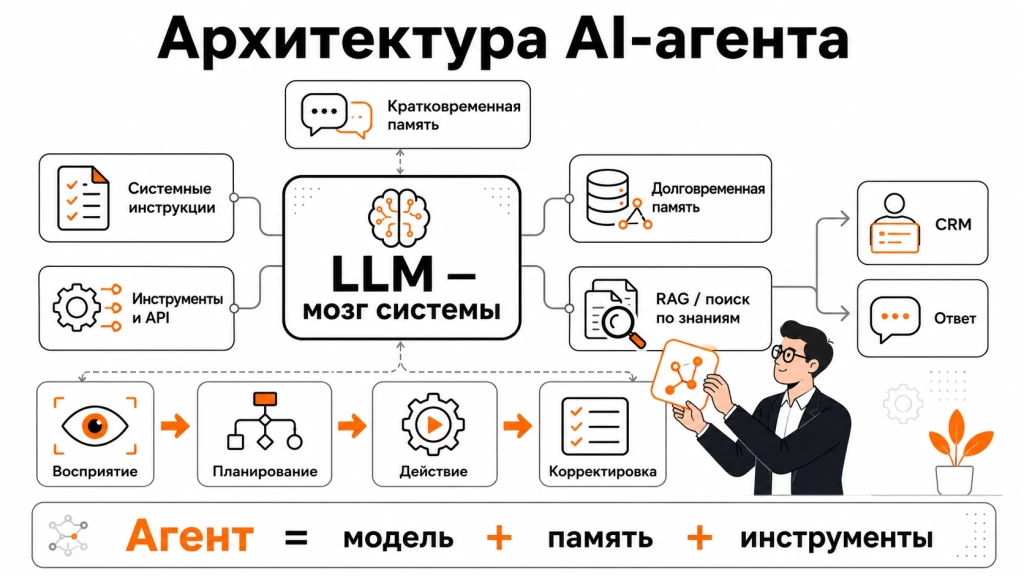 arhitektura-i-komponenty-ai-agenta.webp Инфографика об архитектуре AI-агента: LLM, системные инструкции, инструменты, кратковременная и долговременная память, API и цикл восприятия, планирования, действия и корректировки.