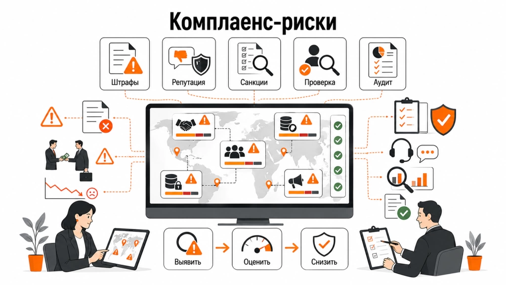 Инфографика о комплаенс-рисках: штрафы, репутационные потери, санкции, нарушения, карта рисков и меры контроля.