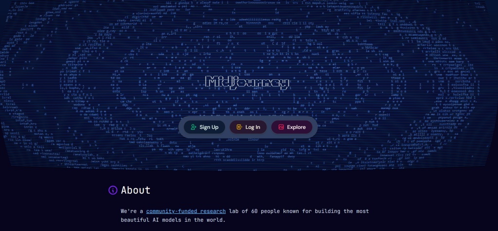 Интерфейс Midjourney ai с разделами Sign Up и Explore для генерации цифровых изображений.