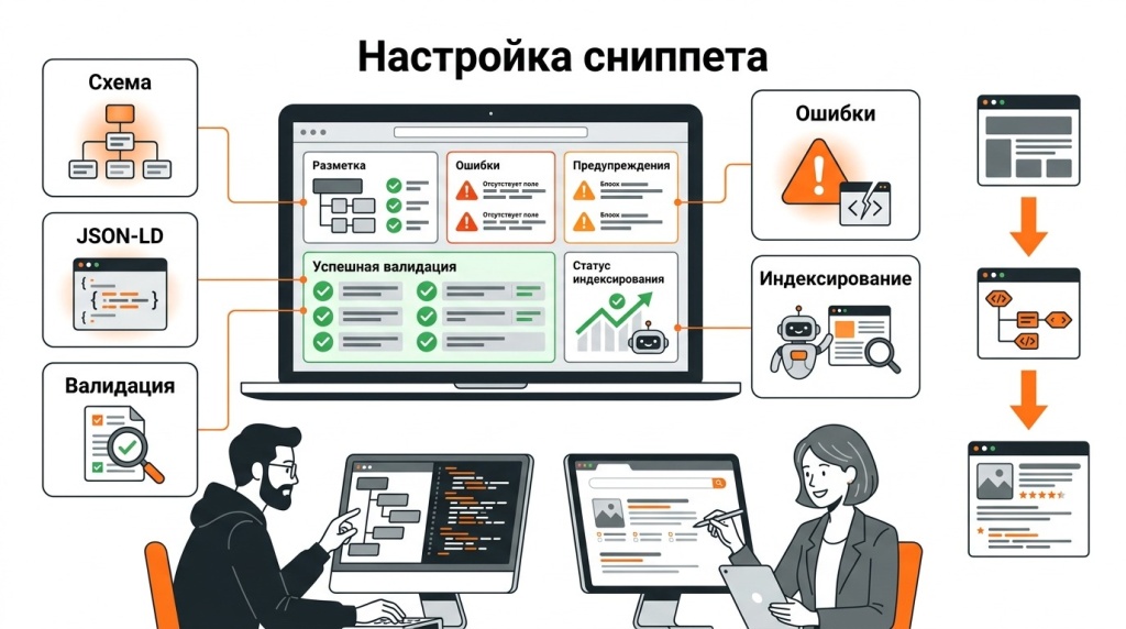 Инфографика о технической настройке расширенных сниппетов: Schema.org, JSON-LD, проверка разметки, ошибки, Search Console и диагностика. 