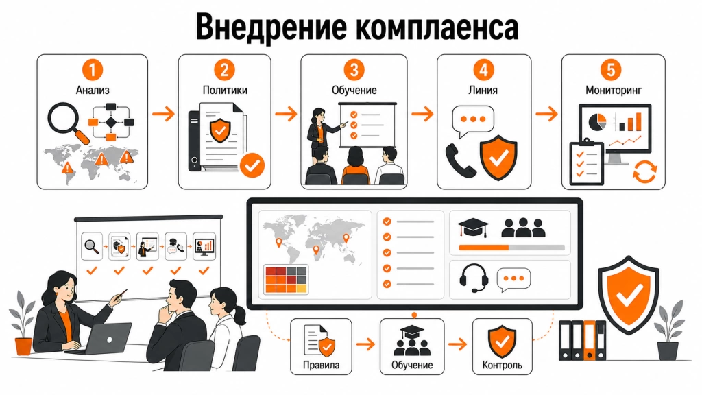 Инфографика об этапах внедрения комплаенс-системы: анализ рисков, внутренние политики, обучение сотрудников, горячая линия и мониторинг.