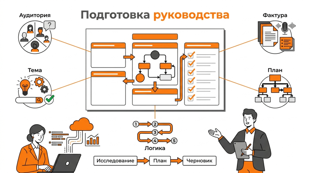 Инфографика о подготовке гайда: анализ аудитории, выбор темы, сбор фактуры, план, структура и логика материала. 