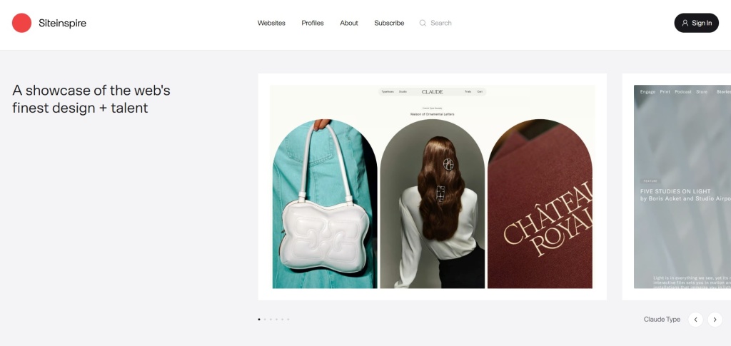 Главная страница сайта Siteinspire с витриной лучших работ в области современного веб дизайна.