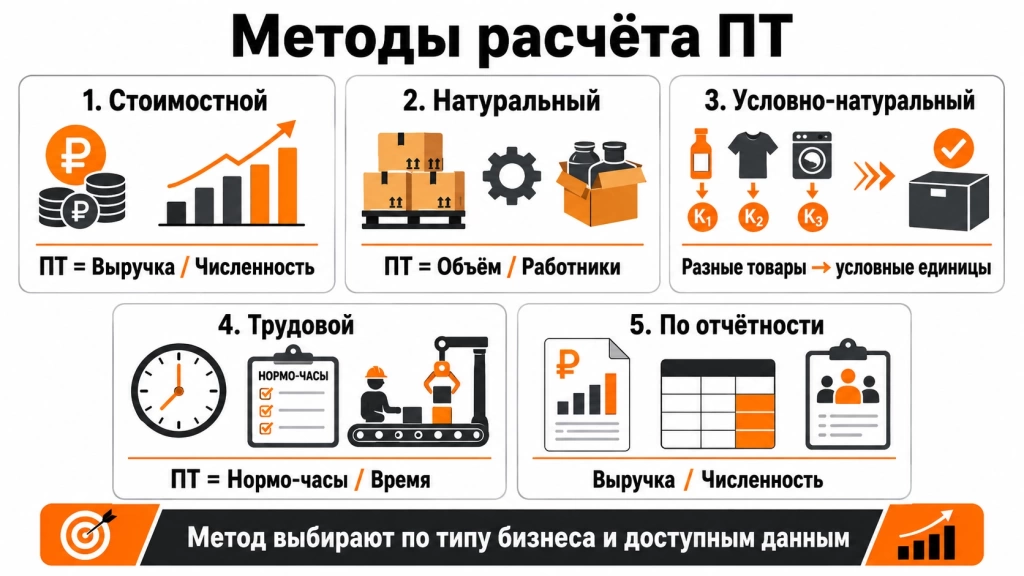 Инфографика с базовыми методами расчёта производительности труда: стоимостной, натуральный, условно-натуральный, трудовой и по отчётности. 