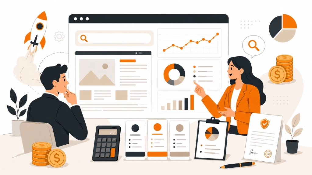 Два специалиста обсуждают стоимость SEO рядом с бюджетной диаграммой, калькулятором, документами, макетом портала и иконкой стартапа. 