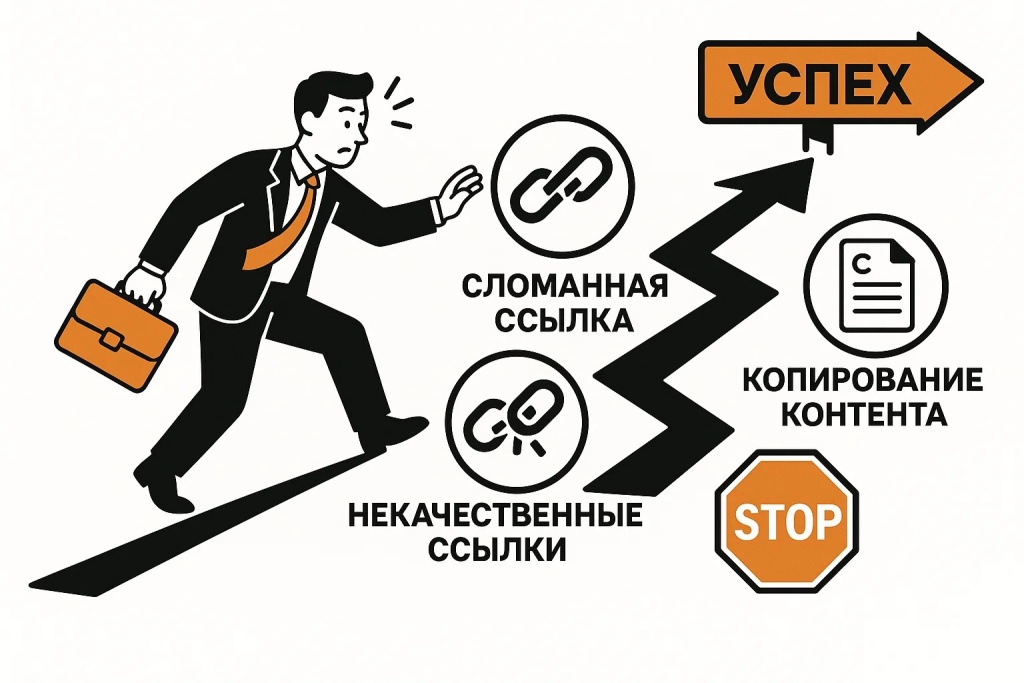 Графическое изображение барьеров на пути к успешному SEO, включая битые ссылки, копирование контента и некачественные ссылки