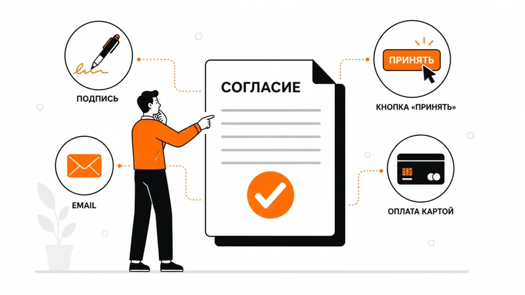 Формы выражения согласия через подпись, email и оплату картой. 