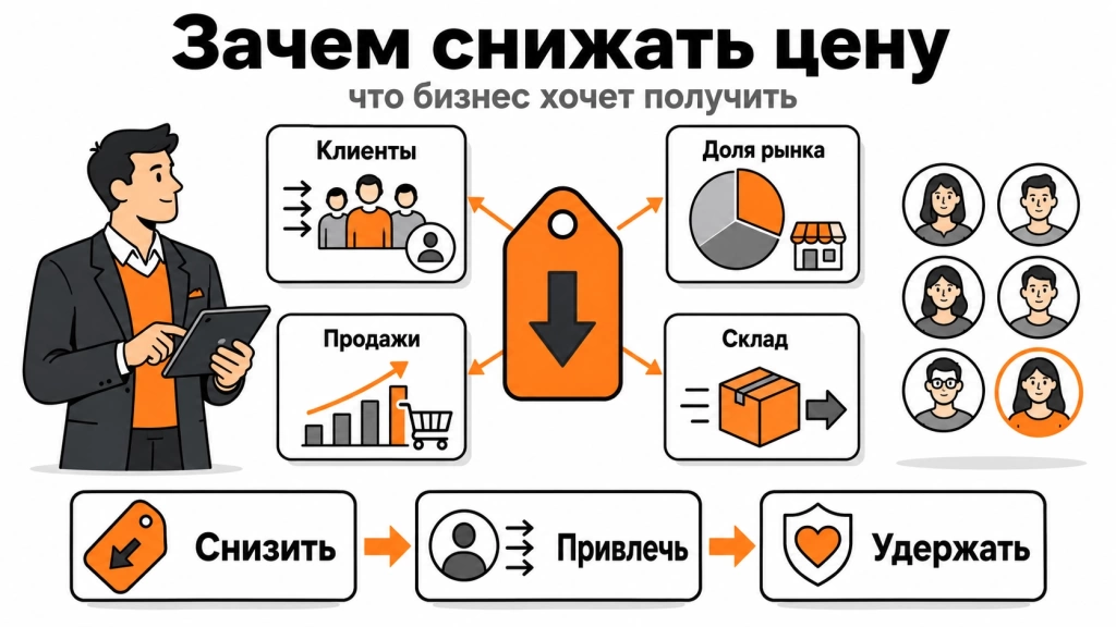 celi-snizheniya-cen.webp Инфографика о целях снижения цен: привлечении клиентов, росте доли рынка и ускорении продаж.