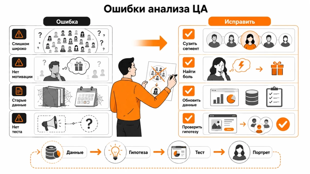 Инфографика об ошибках при анализе целевой аудитории: слишком широкие сегменты, игнорирование мотивации, старые данные и отсутствие проверки гипотез.