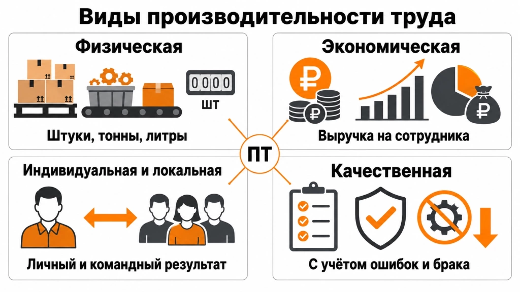 Инфографика с видами производительности труда: физическая, экономическая, индивидуальная, локальная и качественная. 