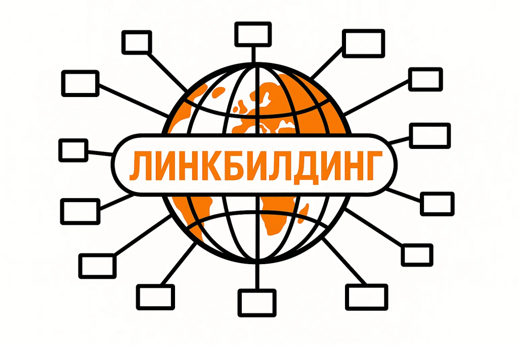 Ssylki-Linkbuilding-Osnovy.jpg Изображение, символизирующее линкбилдинг: связи (ссылки) между центральным сайтом и множеством других доноров.