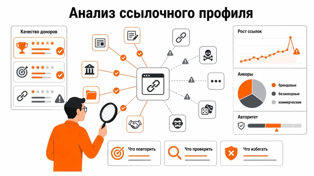 Инфографика об анализе ссылочного профиля SEO-конкурентов: доноры, анкоры, динамика роста ссылок, авторитетность и качество внешних ссылок.