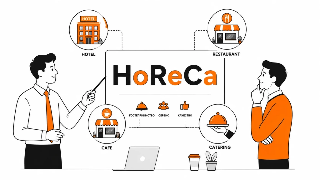 HoReCa простыми словами с иконками отеля, ресторана, кафе и кейтеринга. 