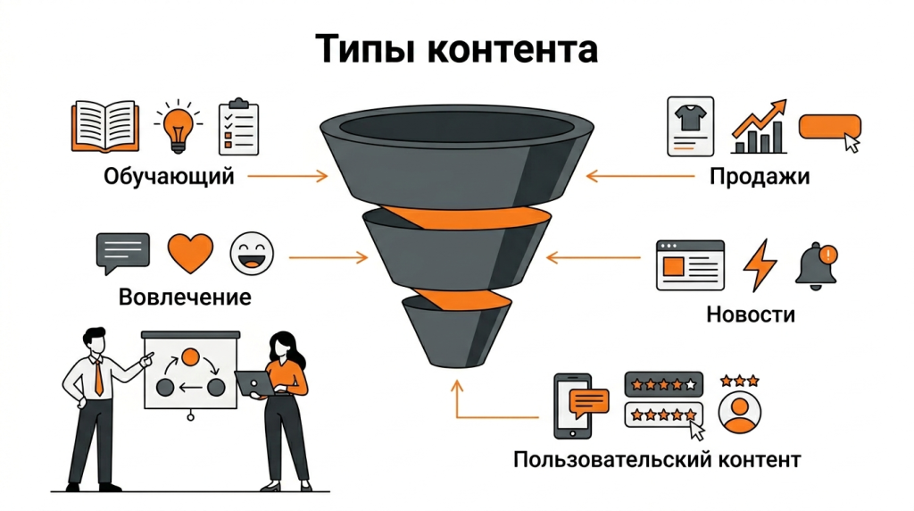 Инфографика о типах контента по маркетинговым задачам: образовательный, продающий, вовлекающий, новостной и пользовательский контент. 