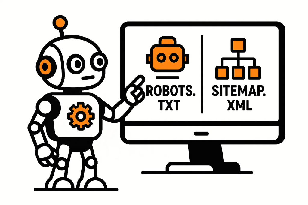 Proverka-indeksacii-i-nastroyek-SEO.jpg Схематичное изображение поискового робота, проверяющего файлы robots.txt и sitemap.xml для индексации сайта.