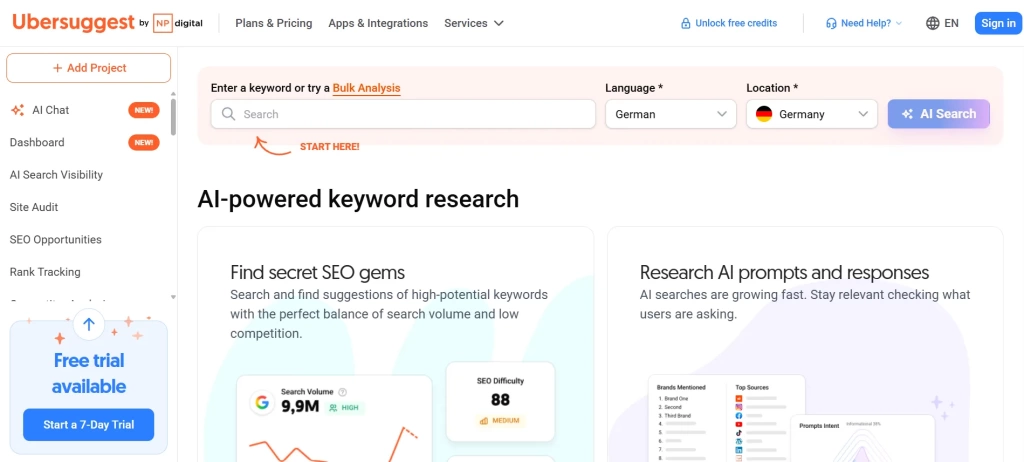 Ubersuggest для поиска ключевых слов и анализа SEO-показателей