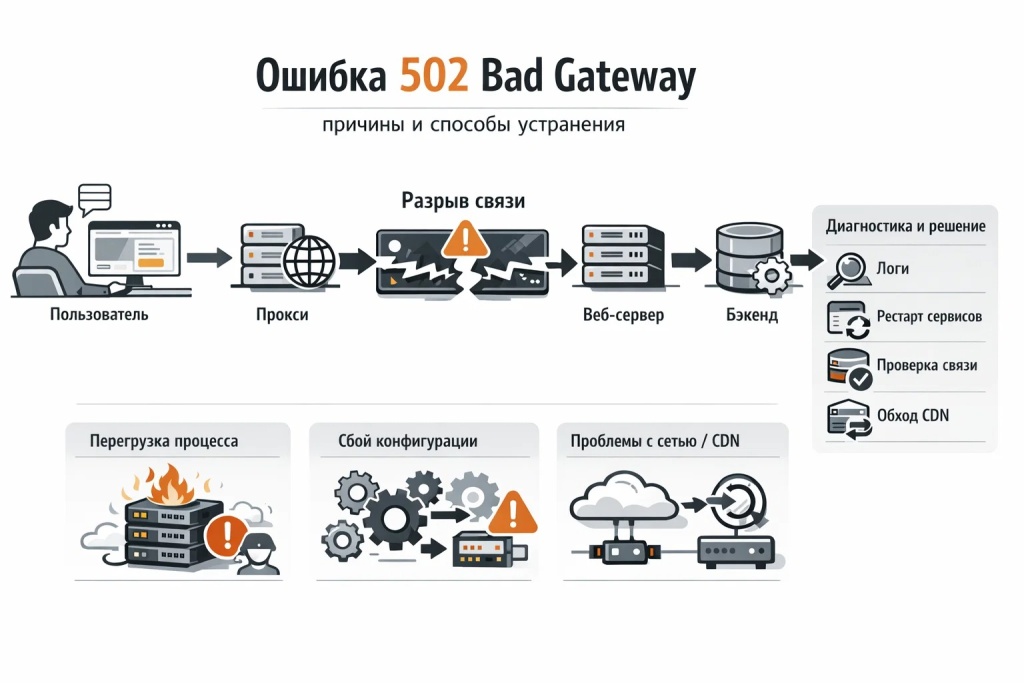 oshibka-502-bad-gateway-prichiny-i-sposoby-ustraneniya.jpg Инфографика об ошибке 502 Bad Gateway: разрыв между прокси и сервером приложения, сбой связи между уровнями инфраструктуры, CDN и бэкенд.
