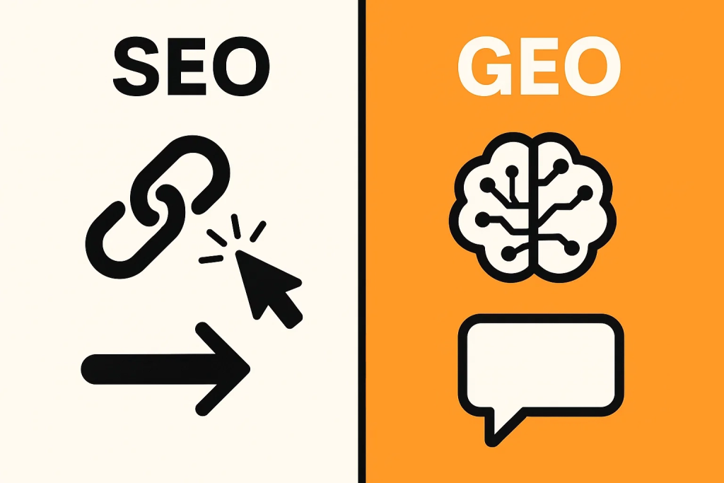 Сравнение SEO (клик) и GEO (прямой ответ) через разделенный экран.