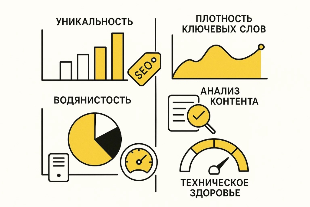 Основные параметры SEO анализа показаны в черно-желтой инфографике. Основные параметры SEO анализа показаны в черно-желтой инфографике.