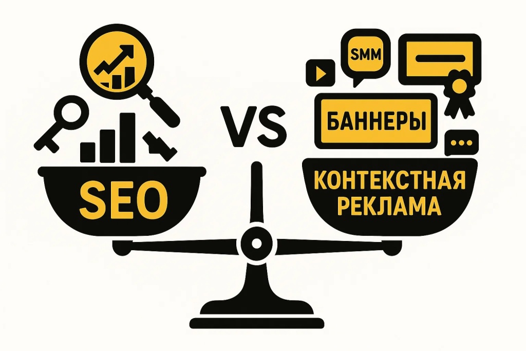 SEO против контекстной рекламы на весах с иконками и ключевыми элементами. SEO против контекстной рекламы на весах с иконками и ключевыми элементами.
