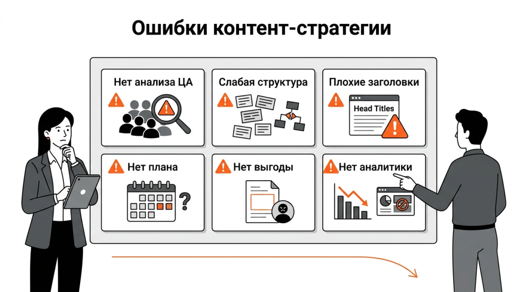 Инфографика о типичных ошибках контент-стратегии: слабая структура, игнорирование аудитории, плохие заголовки и отсутствие аналитики. 