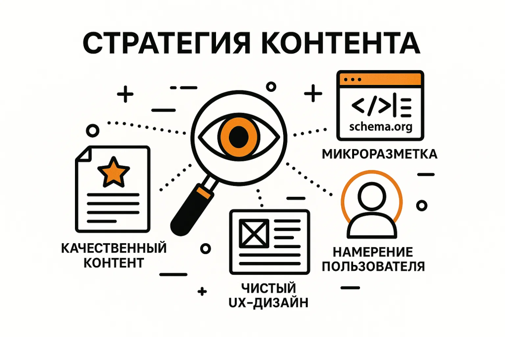 Иллюстрация стратегий AEO: фокус на намерении пользователя, микроразметке и качестве контента.