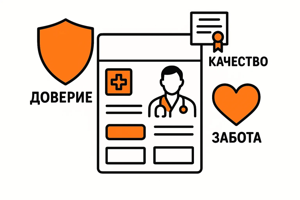 Векторная иллюстрация критериев качества медицинского сайта: щит доверия, диплом и стилизованный макет сайта.