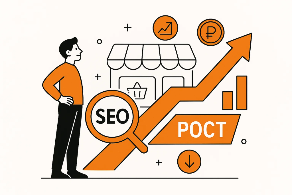 Векторная иллюстрация SEO-продвижения для интернет-магазина. Лупа "SEO" и стрелка роста рядом с иконкой магазина.