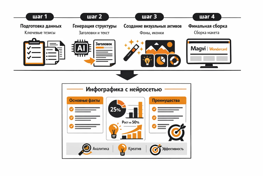 Иллюстрация пошагового процесса создания инфографики с помощью ИИ.