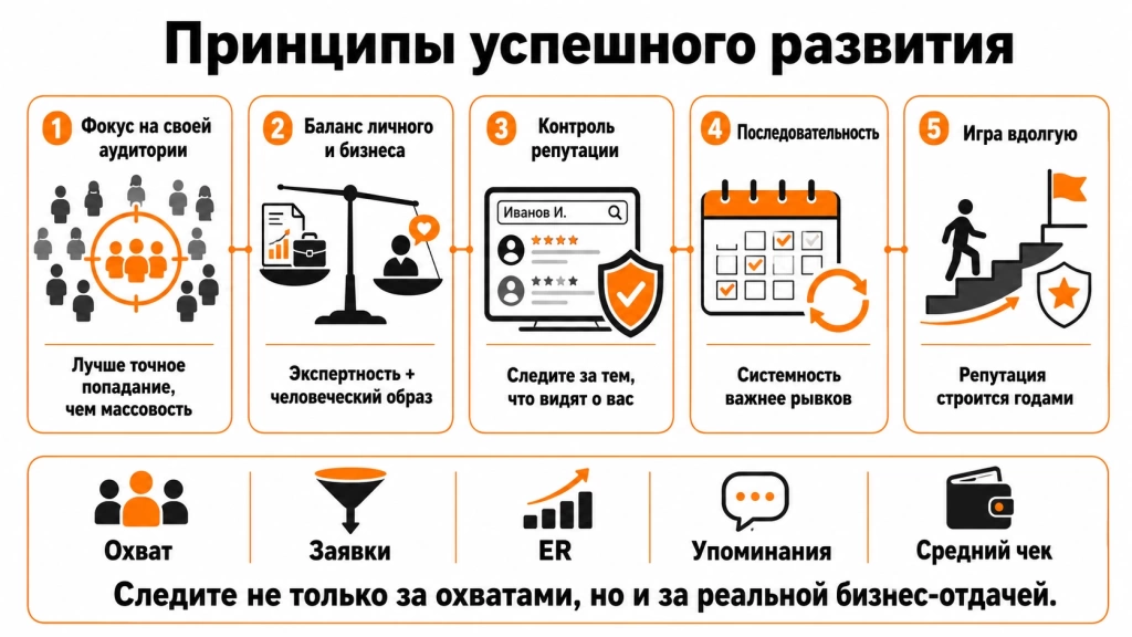 vazhnye-principy-uspeshnogo-razvitiya-lichnogo-brenda.webp Инфографика с принципами успешного развития личного бренда: фокус на аудитории, баланс личного и бизнеса, репутация, мониторинг упоминаний и последовательность.