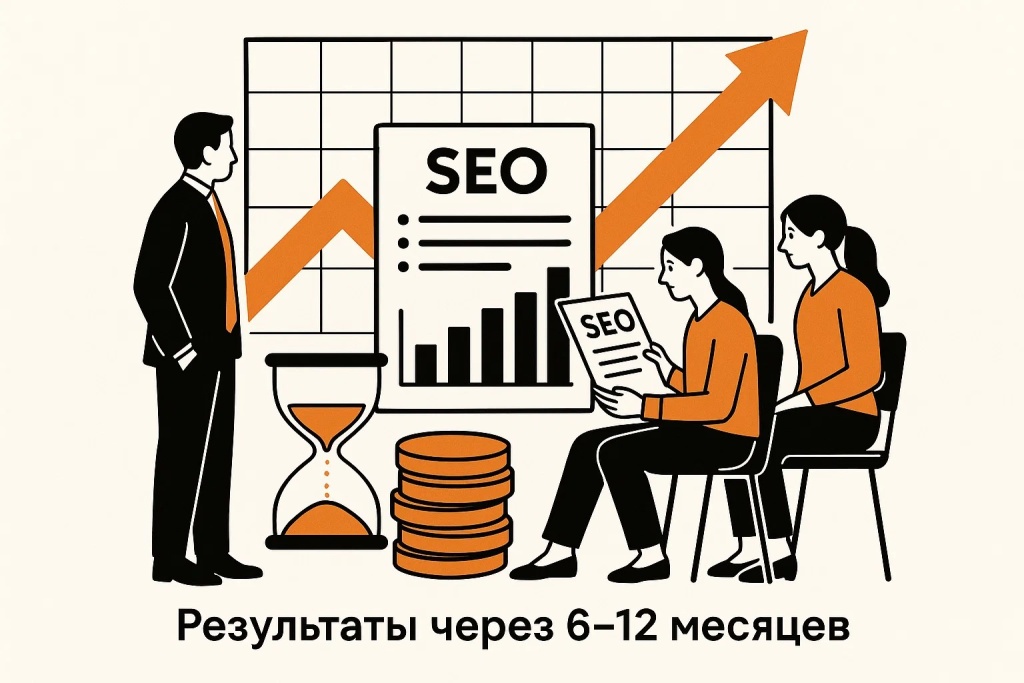 SEO результаты через 6 12 месяцев показаны на графике с ростом и анализом данных.