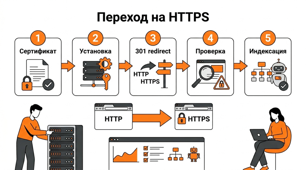 Инфографика о переходе сайта с HTTP на HTTPS: SSL-сертификат, установка, 301-редиректы, проверка mixed content и обновление sitemap. 
