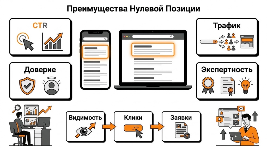 Инфографика о выгодах нулевой позиции: рост CTR, больше трафика, доверие к бренду, экспертность и видимость на мобильных устройствах. 