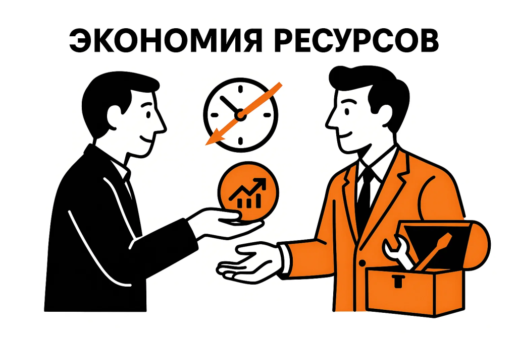 pochemu-obratitsya-v-digital-agentstvo.jpg Иллюстрация, демонстрирующая преимущества обращения в digital-агентство: экономия ресурсов и доступ к инструментам.