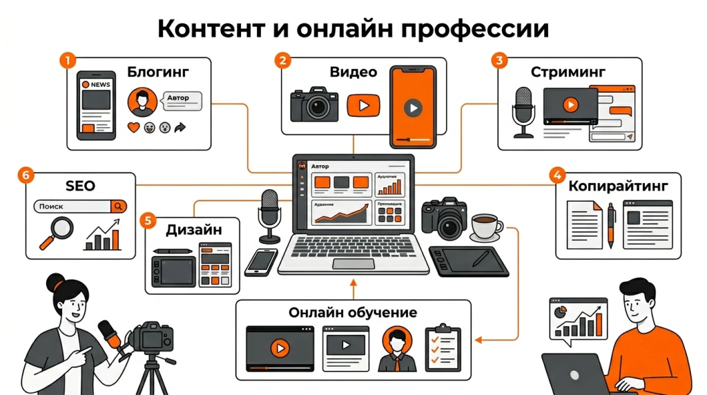 Инфографика о заработке на контенте, блогинге и интернет-профессиях: блог, видео, стриминг, копирайтинг, дизайн, SEO и онлайн-обучение. 
