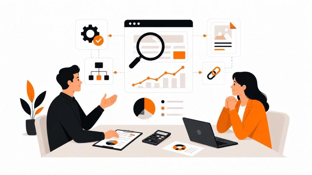 SEO-специалист и клиент обсуждают работы по продвижению сайта и бюджет проекта.