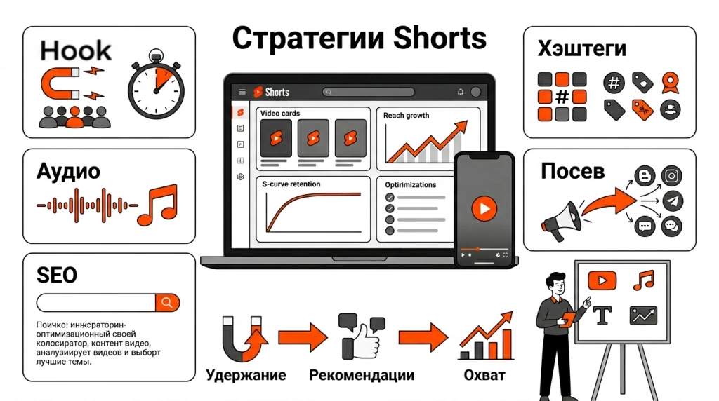 Инфографика о стратегиях продвижения Shorts: удержание, трендовые звуки, заголовки, SEO, хэштеги и внешнее продвижение.