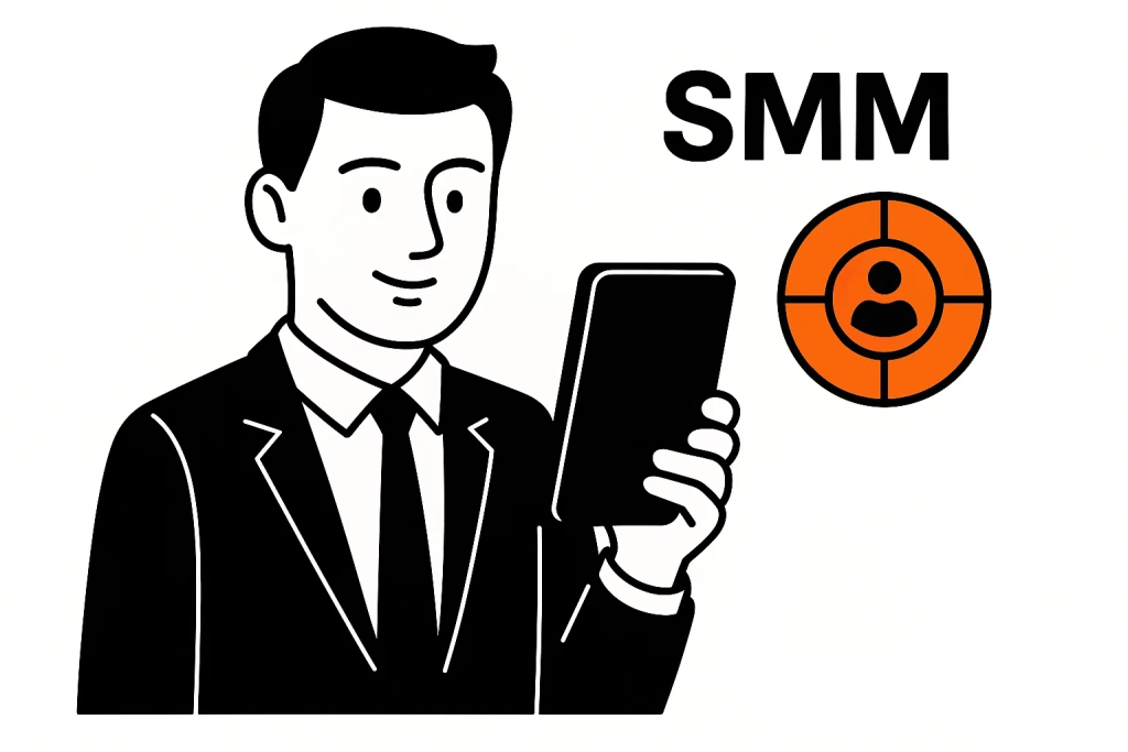 Человек со смартфоном (соцсети), рядом иконка сегментации аудитории для банковского продвижения.