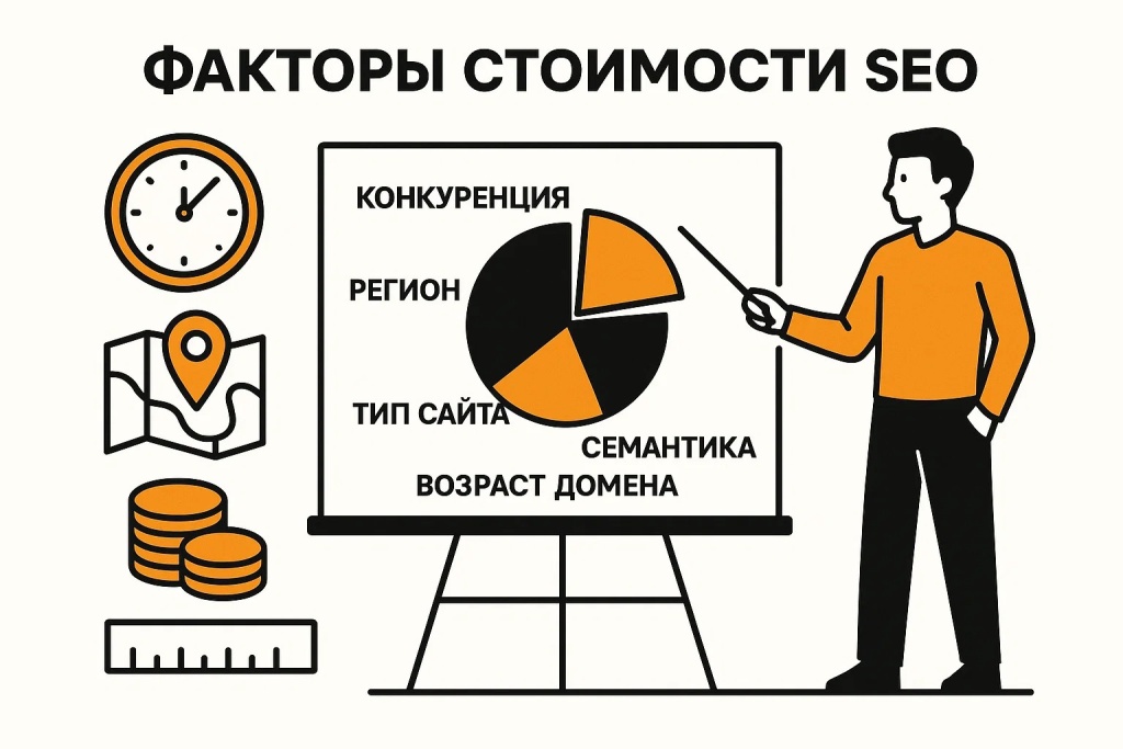 Факторы стоимости SEO с примерами конкуренции, региона и типа сайта.