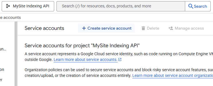 create-service-account-button-interface (1).png Интерфейс Google Cloud с кнопкой Create service account для Indexing API проекта.