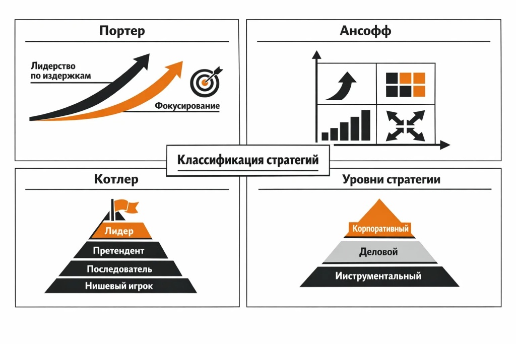 Инфографика о классификации маркетинговых стратегий: Портер, Ансофф, Котлер и функциональные уровни стратегии.