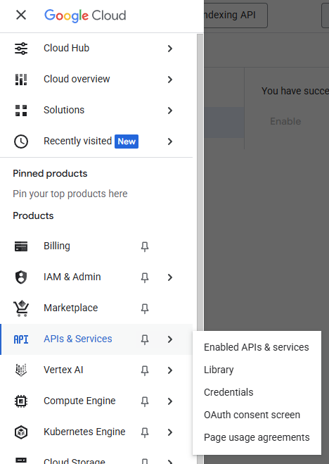 Меню навигации с выбором API Library для активации Indexing API.