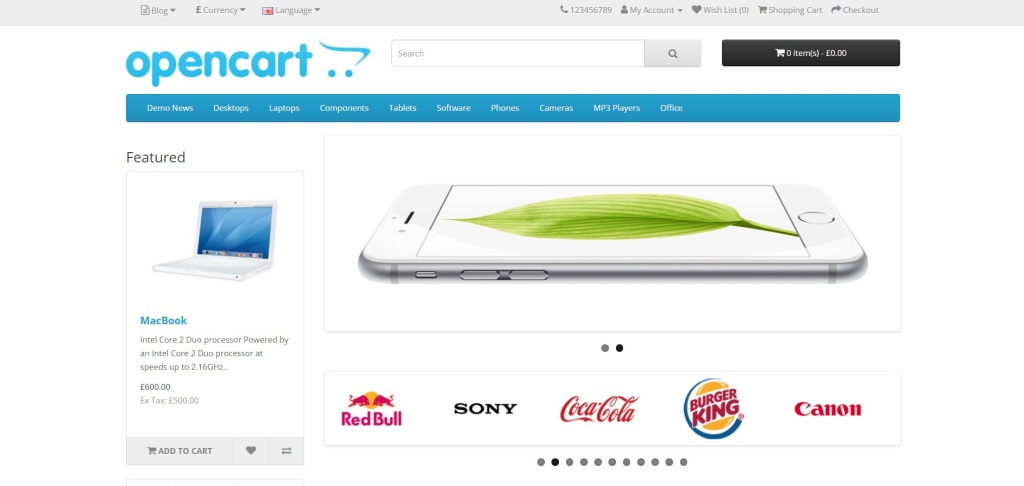 Главная страницы сайта OpenCart с изображением витрины магазина электроники и ноутбука.