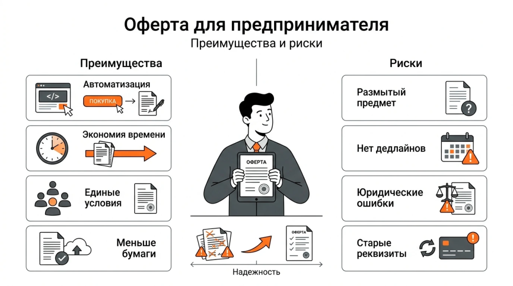 Инфографика о преимуществах и рисках оферты для предпринимателя: автоматизация продаж, единые условия, экономия времени и юридические ошибки. 