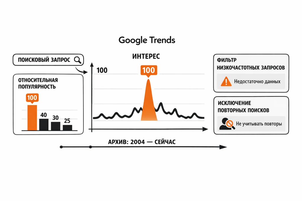 Иллюстрация базовых принципов работы Google Trends с относительной шкалой популярности и динамикой интереса.