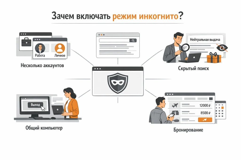  Инфографика о практических сценариях использования режима инкогнито: несколько аккаунтов, проверка поисковой выдачи, поиск подарков, бронирование и защита на общем компьютере.