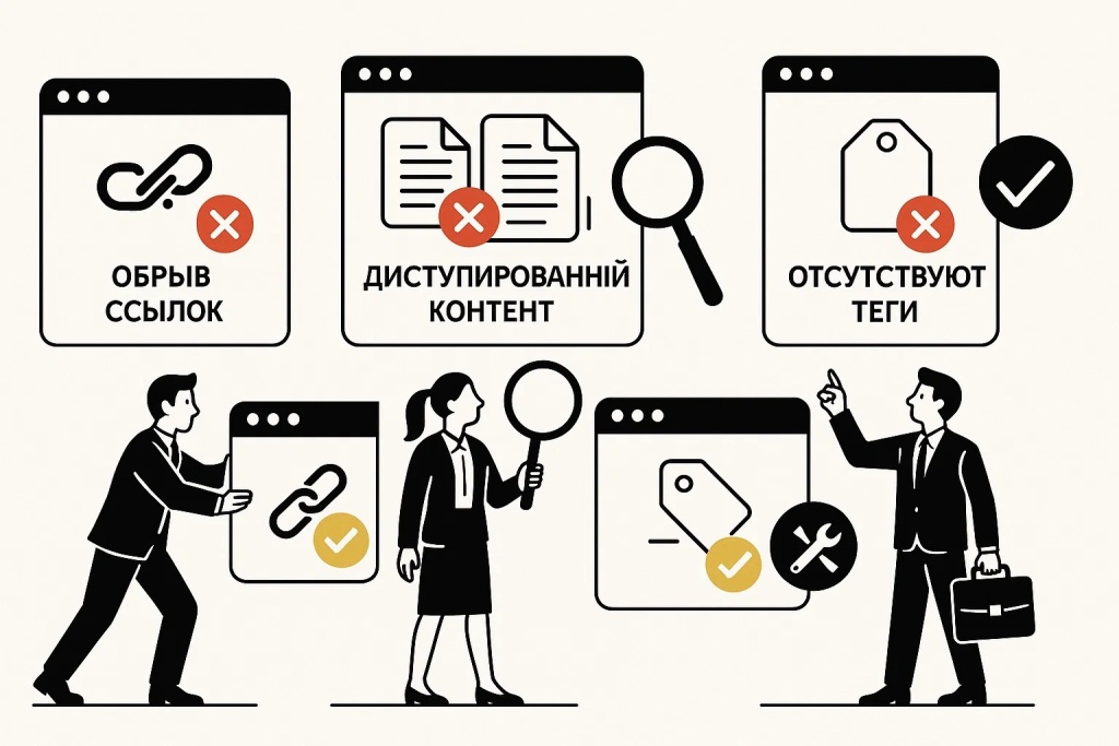 Иллюстрация, демонстрирующая типичные SEO ошибки, такие как обрыв ссылок, дублированный контент и отсутствие тегов, а также способы их избежать. Иллюстрация, демонстрирующая типичные SEO ошибки, такие как обрыв ссылок, дублированный контент и отсутствие тегов, а также способы их избежать.