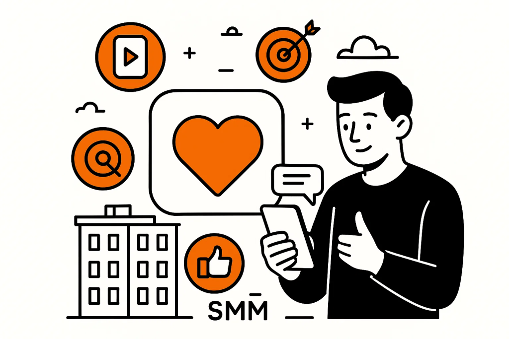 Векторная графика SMM-продвижения недвижимости: сторис, ретаргетинг, вовлеченность и коммуникация в соцсетях.