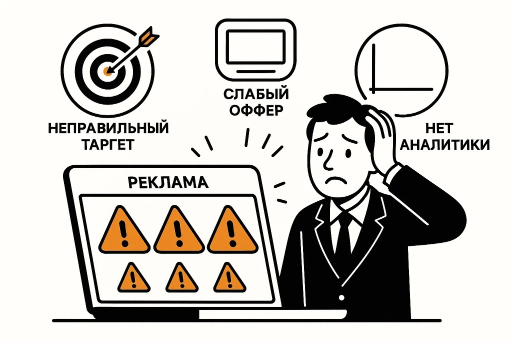 Перечень основных ошибок в настройке рекламы включая неправильный таргетинг и отсутствие аналитики