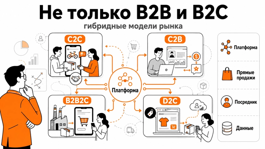 gibridnye-biznes-modeli-c2c-c2b-b2b2c-d2c.webp Инфографика о гибридных бизнес-моделях C2C, C2B, B2B2C и D2C.